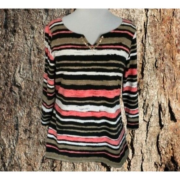 Ruby Rd quarter sleeve vneck metallic studded accents brown stripe tunic Medium - Picture 8 of 8